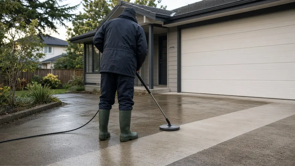 Cleaning a concrete driveway with a flat surface cleaner