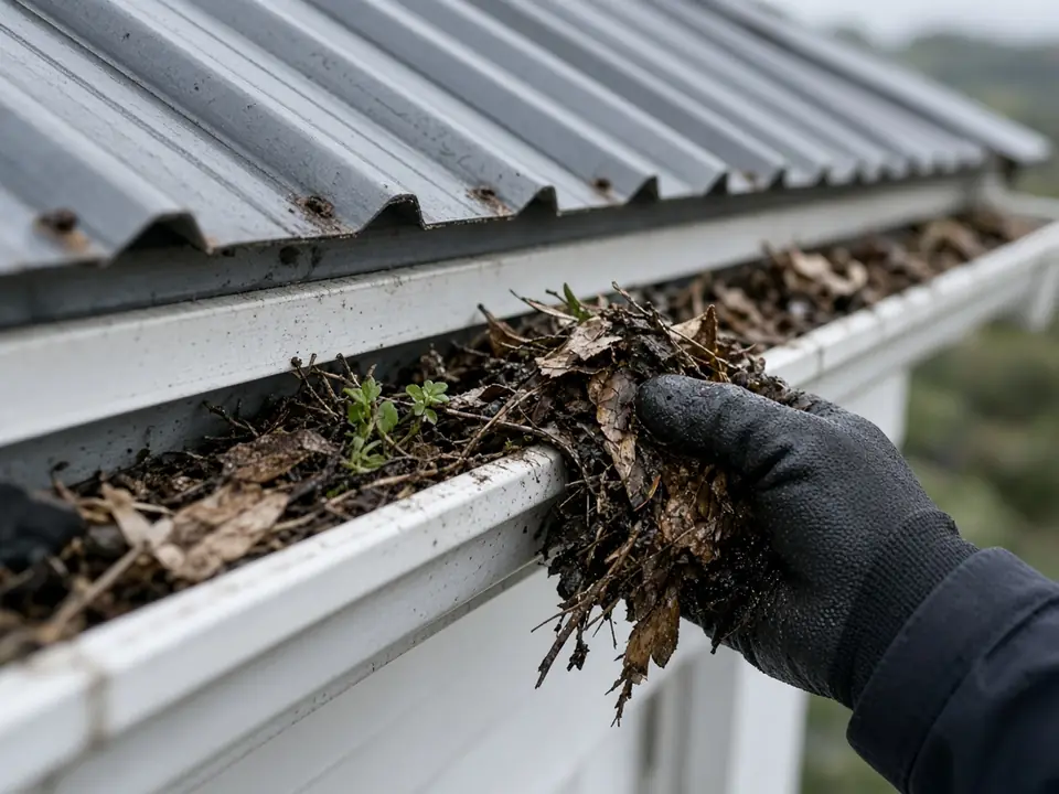 Gloved hand scooping wet leaves and silt out of a blocked gutter
