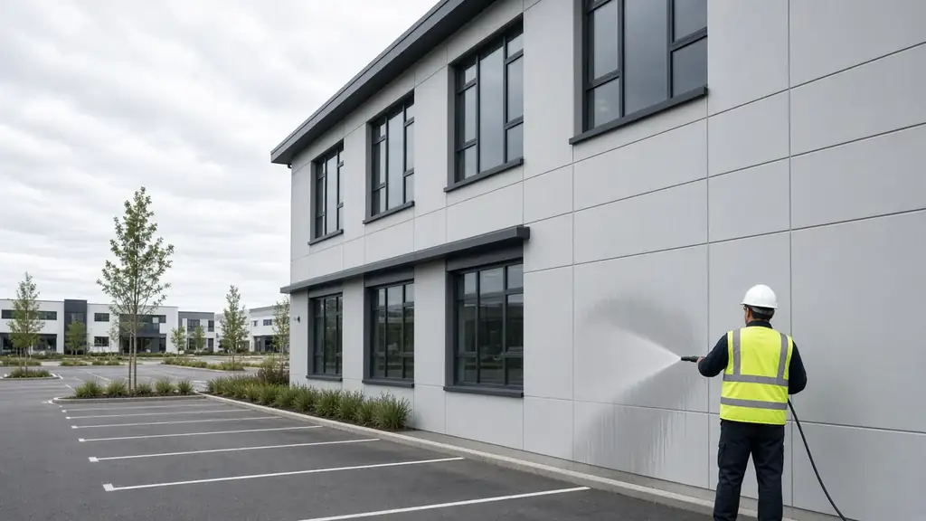 Worker in hi-vis soft washing the painted panels of a two-storey commercial building