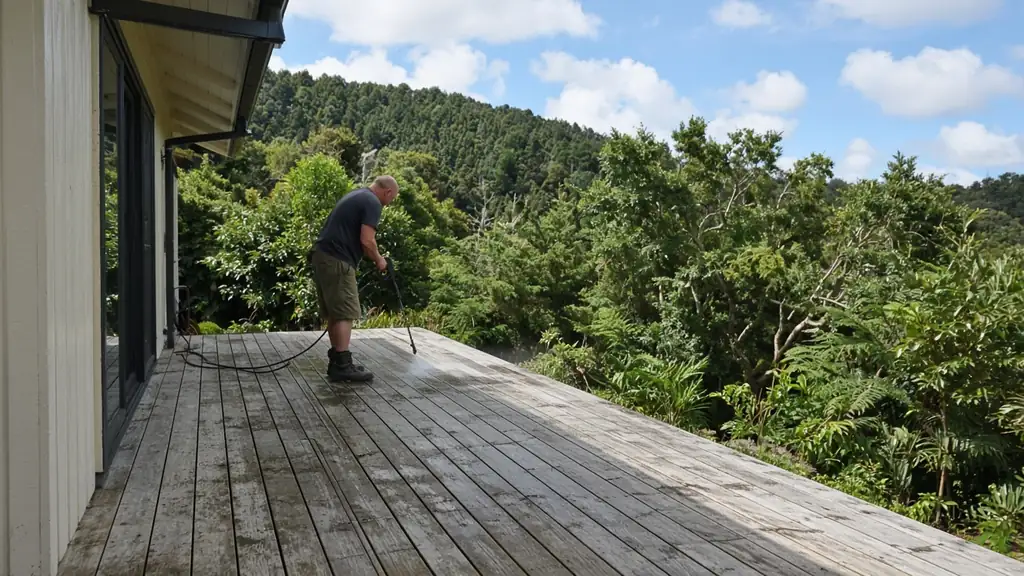 Washing a grey timber deck along the grain, with native bush behind