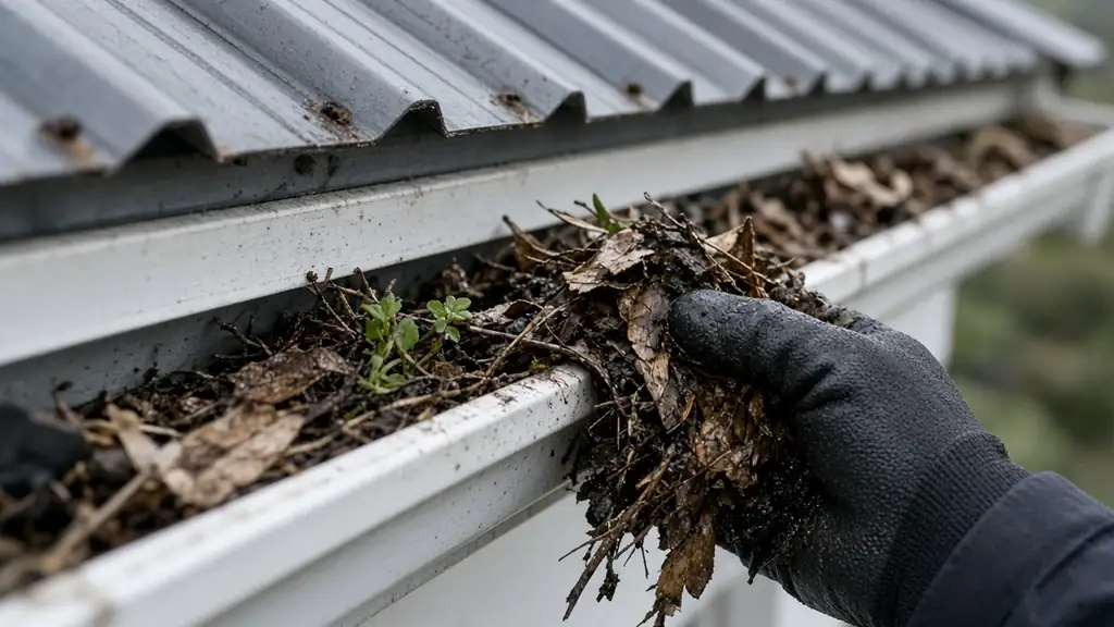 Gloved hand scooping wet leaves and silt out of a blocked gutter