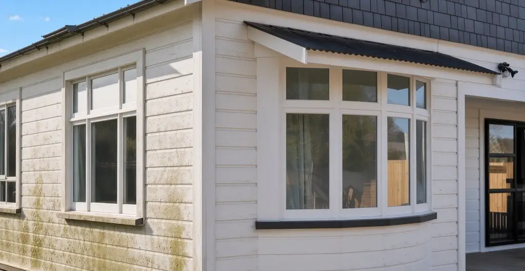 Illustration of a white weatherboard bungalow half washed: light green algae and grey grime on the left side wall, the front washed clean with the same older paint