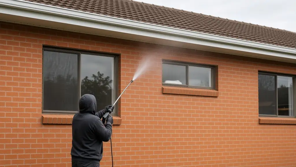 Washing the soffits of a brick-and-tile house with a cabbage tree in the garden