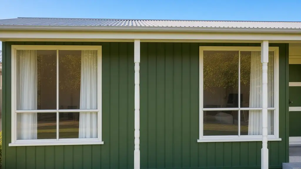 Tidy green and cream weatherboard bungalow with a front veranda, clean white gutters and a neat lawn