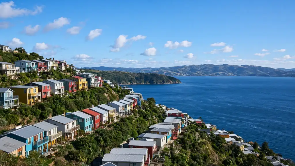 Colourful houses on the hills above Wellington Harbour